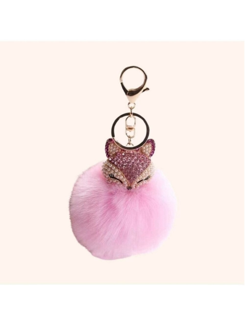 NEW Fluffy Fox Bag Charm Keychain Pom Pom Light Pink Pearl Rhinestone NWT - Picture 3 of 5